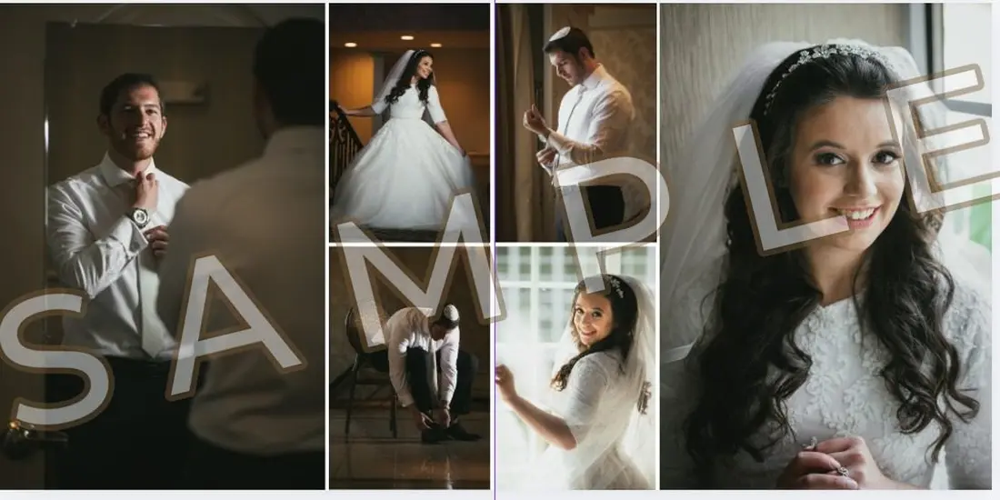 Open wedding album showing a sample spread designed by Memories Worth Holding (marked SAMPLE)