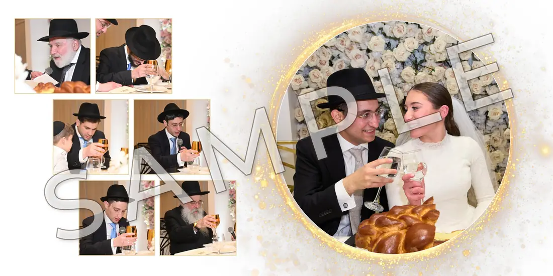 Sample wedding album spread designed by Memories Worth Holding (marked SAMPLE)